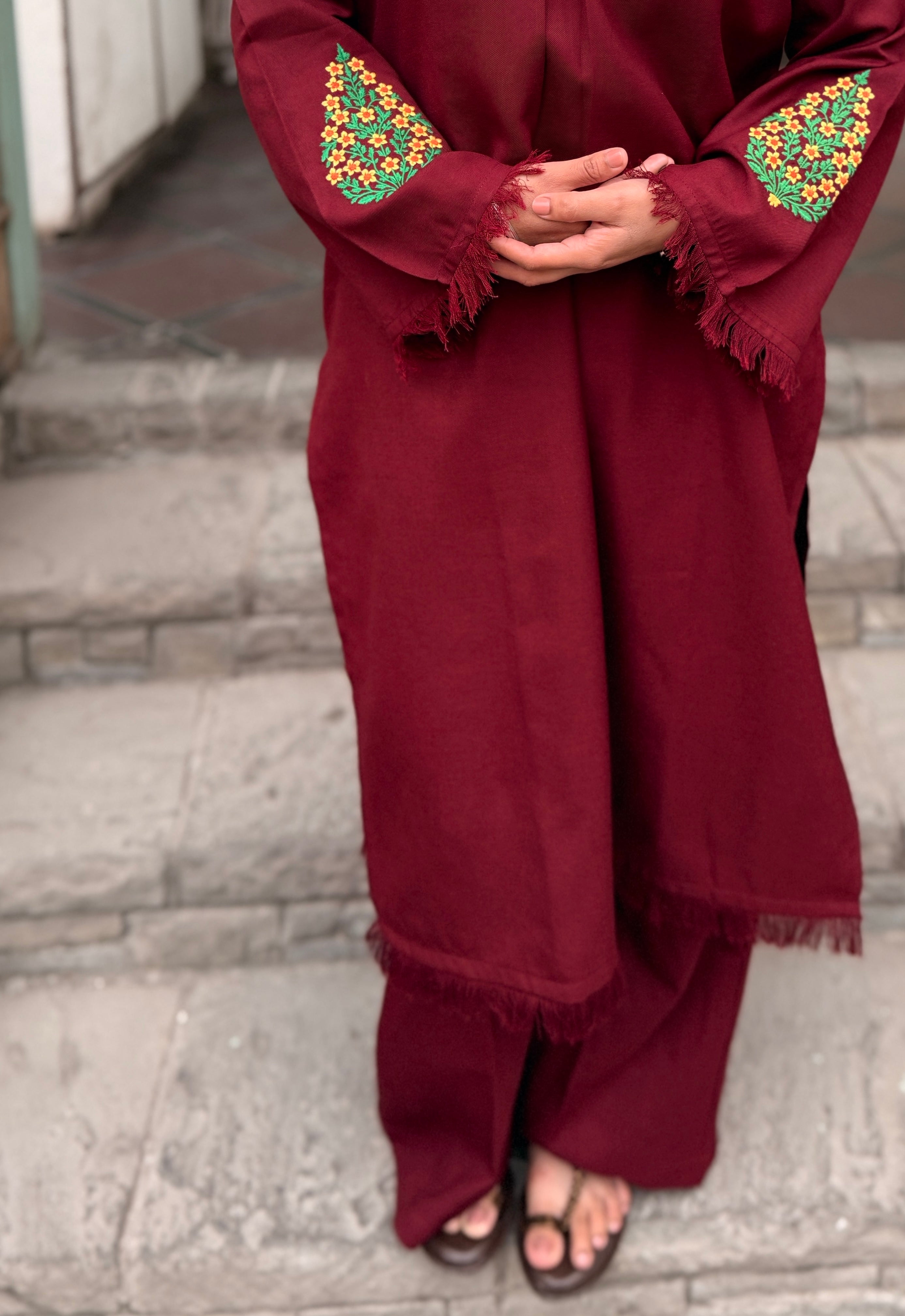 Deep Maroon Pashmina Blend Kurta With Wide Trouser