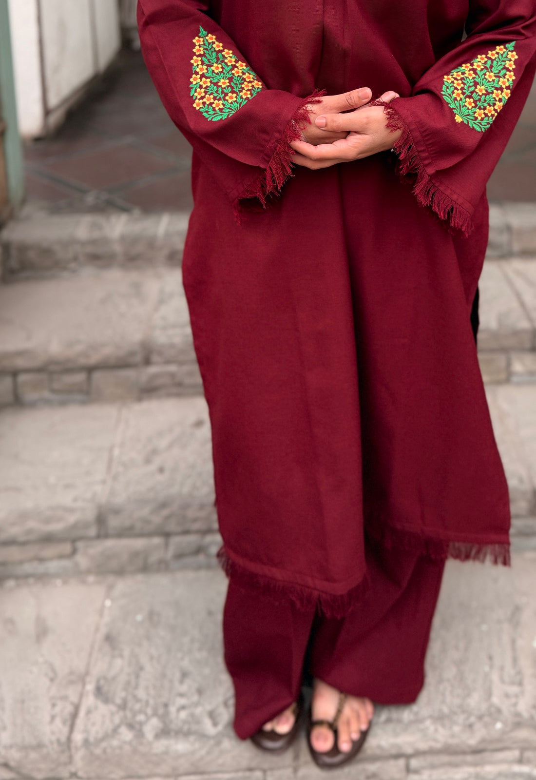 Deep Maroon Pashmina Blend Kurta With Wide Trouser