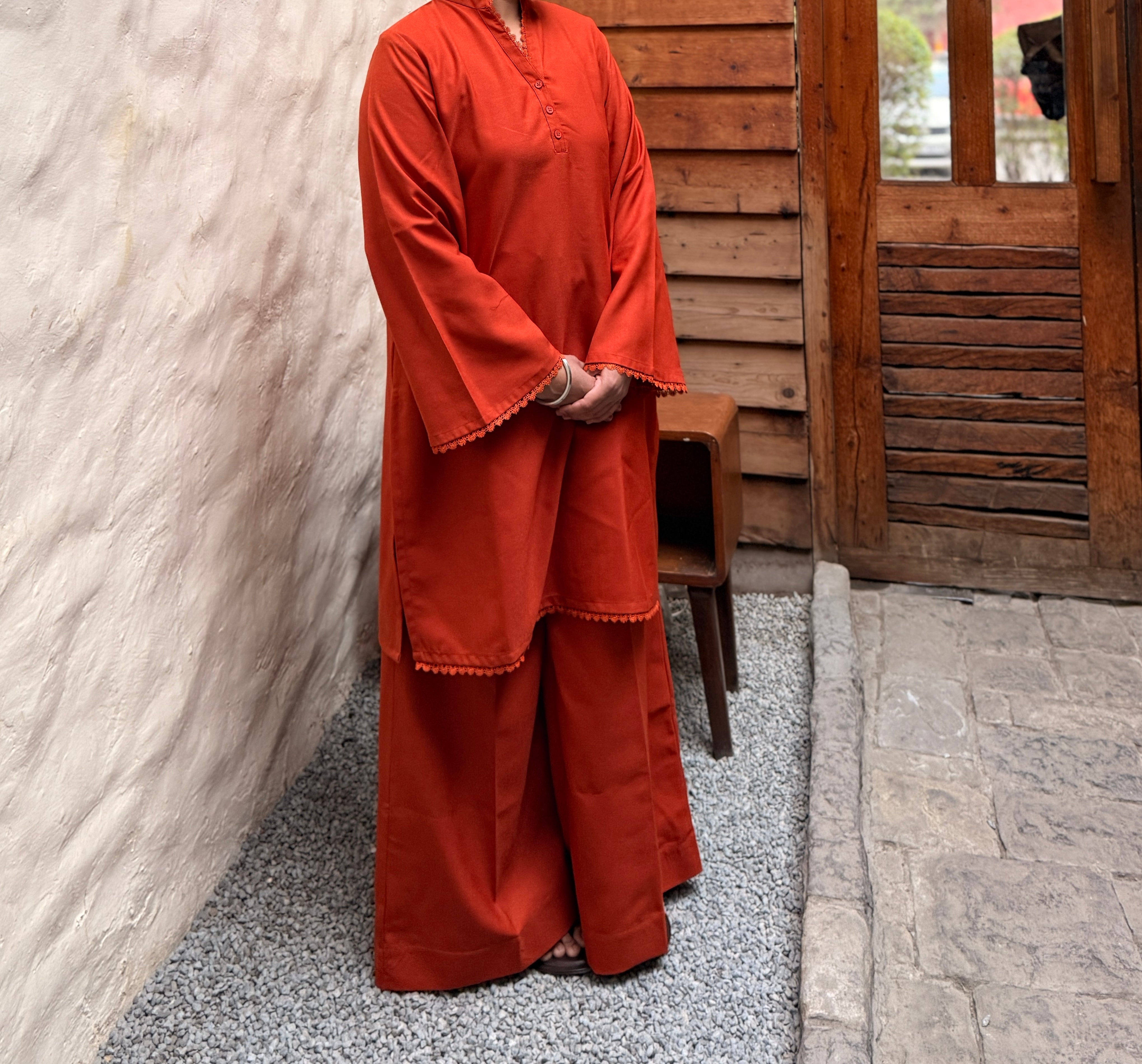 Rust Orange Pashmina-Blend  Kurta With Wide Trousers