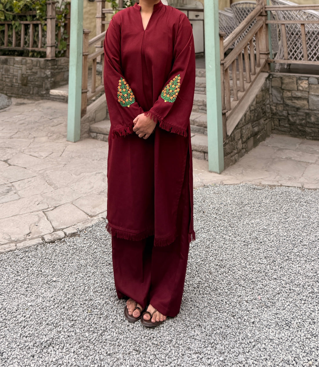 Deep Maroon Pashmina Blend Kurta With Wide Trouser