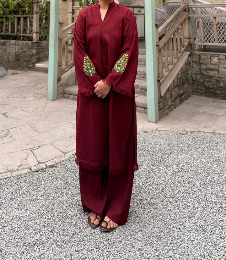 Deep Maroon Pashmina Blend Kurta With Wide Trouser