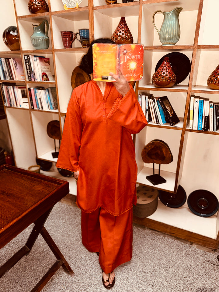 Rust Orange Pashmina-Blend  Kurta With Wide Trousers