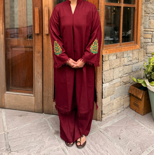 Deep Maroon Pashmina Blend Kurta With Wide Trouser