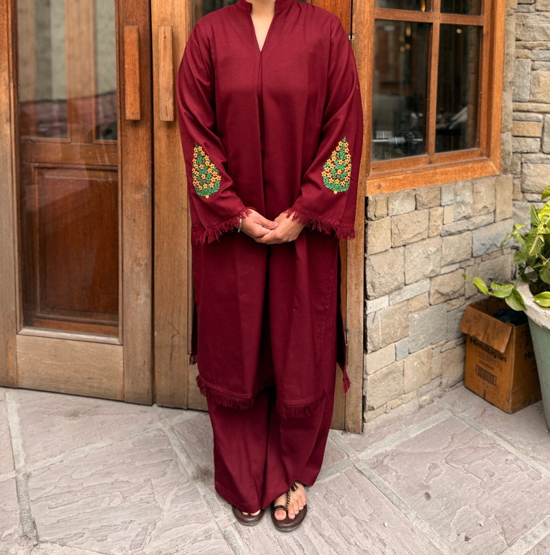 Deep Maroon Pashmina Blend Kurta With Wide Trouser
