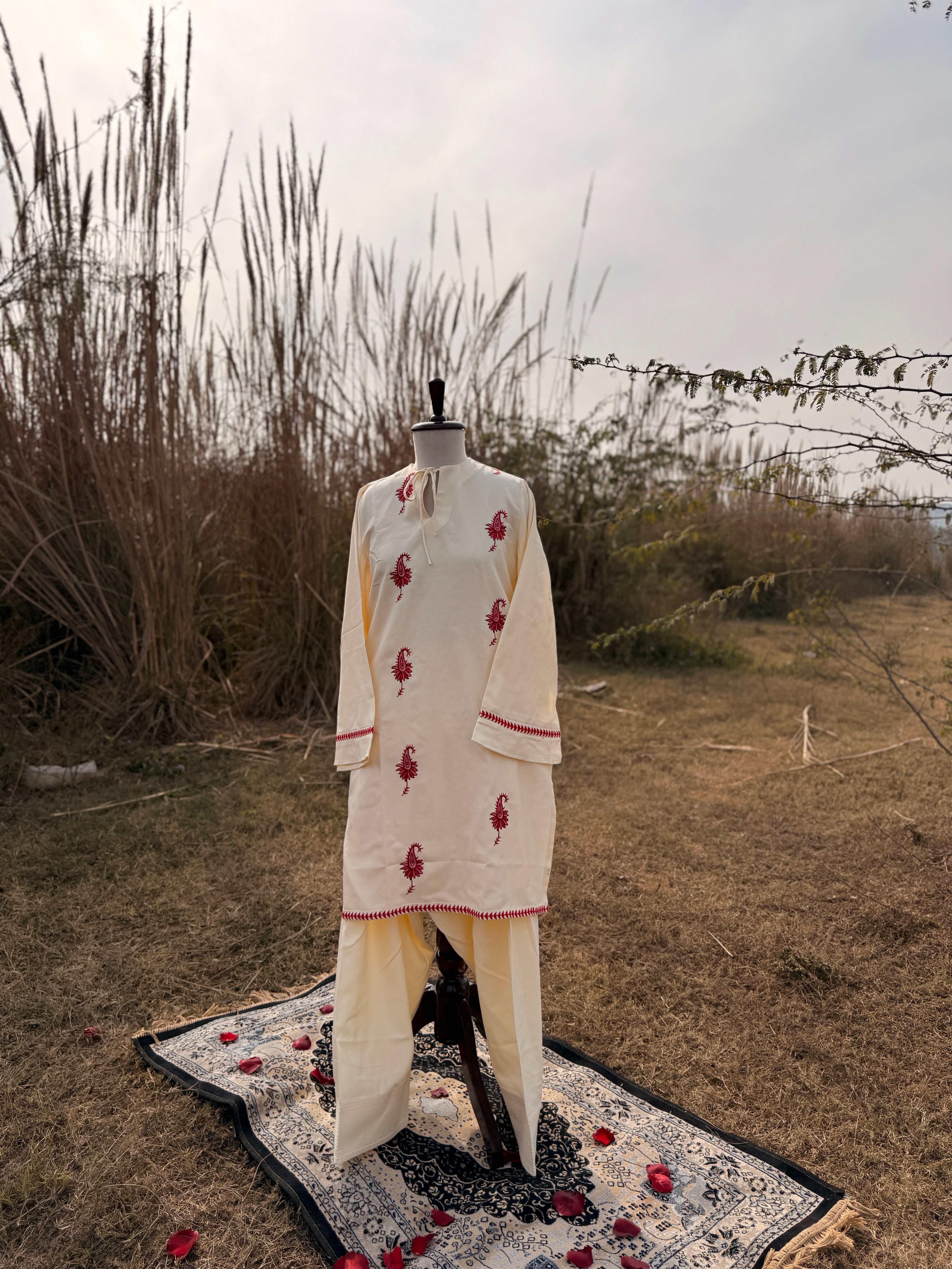 Ivory Pashmina Blend Kurta With Farshi Salwar