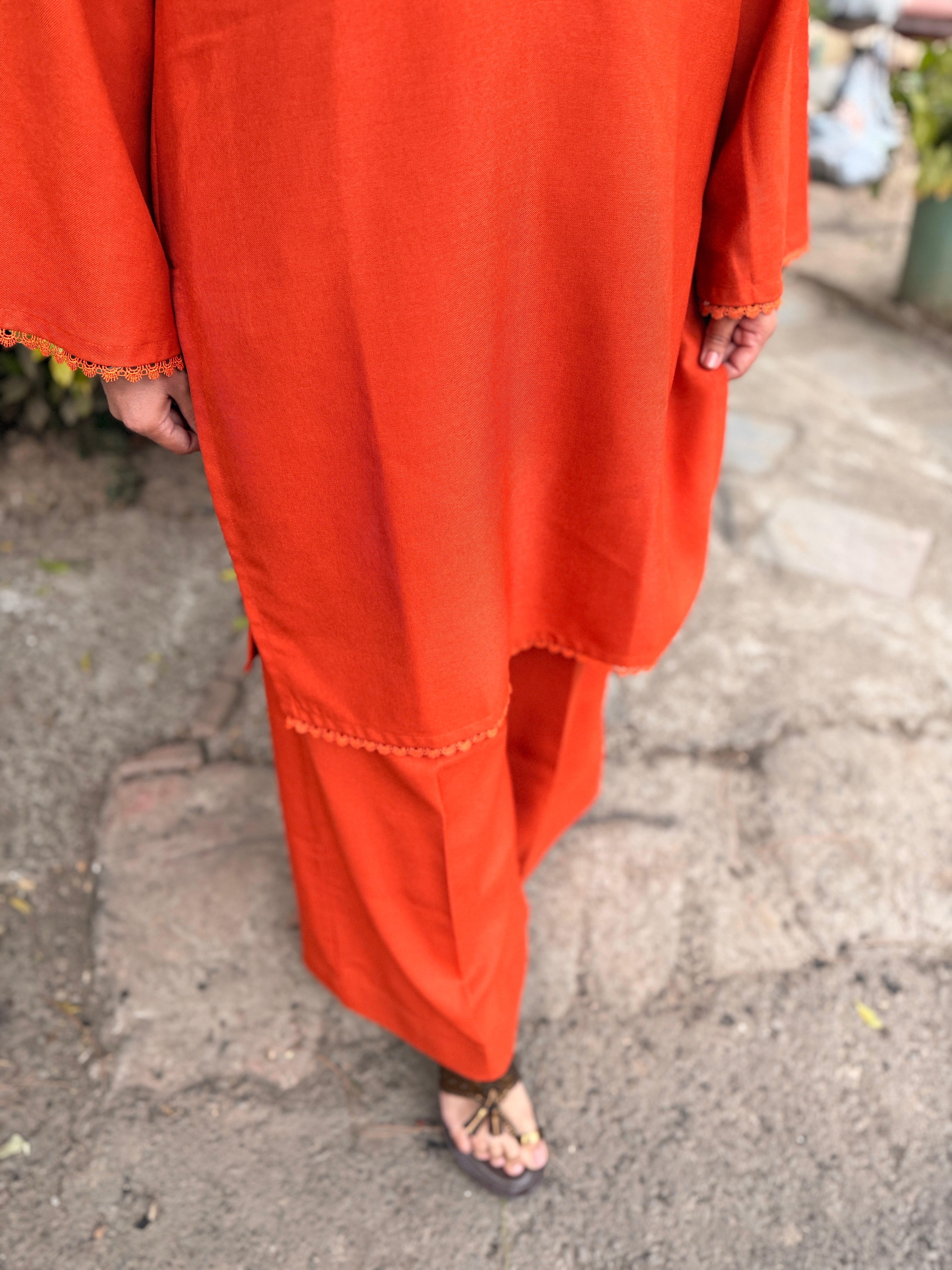 Rust Orange Pashmina-Blend  Kurta With Wide Trousers