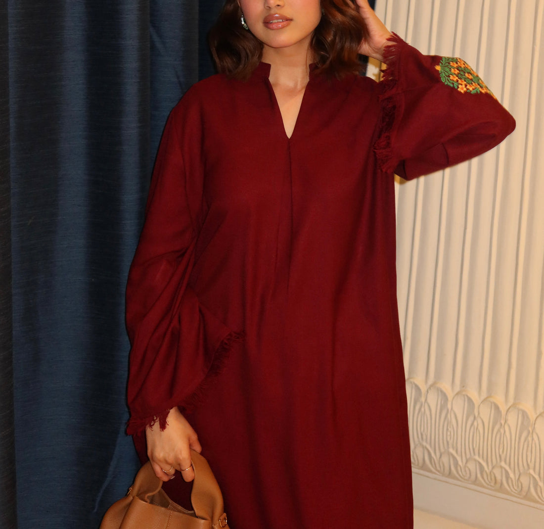 Deep Maroon Pashmina Blend Kurta With Wide Trouser