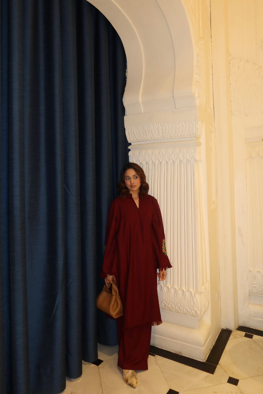 Deep Maroon Pashmina Blend Kurta With Wide Trouser