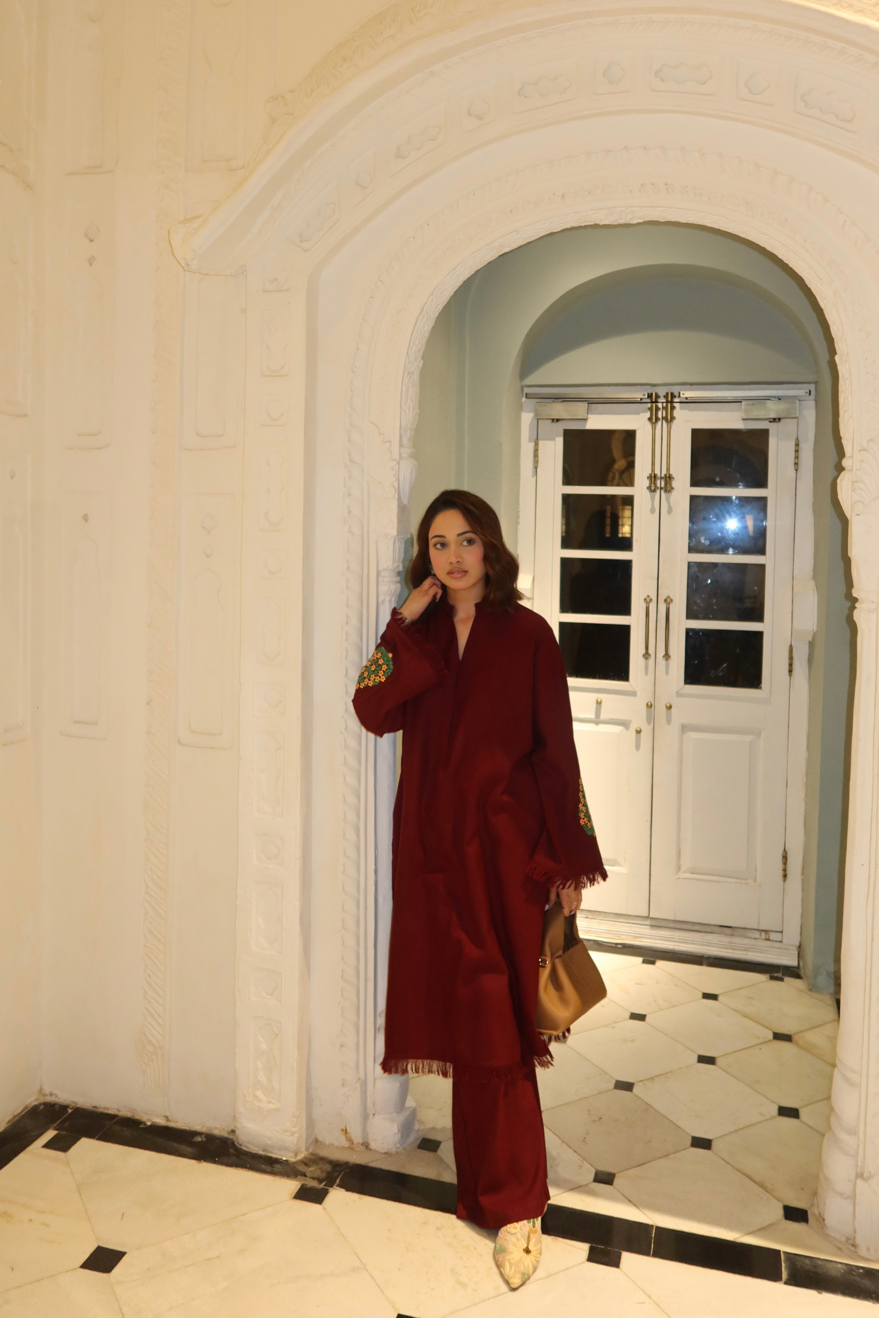 Deep Maroon Pashmina Blend Kurta With Wide Trouser