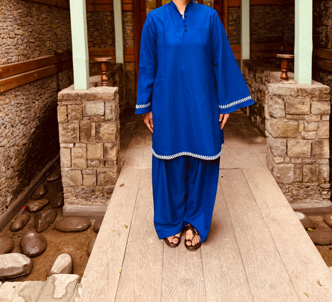 Royal Blue Pashmina Blend Kurta With Farshi Salwar