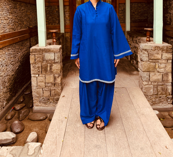 Royal Blue Pashmina Blend Kurta With Farshi Salwar