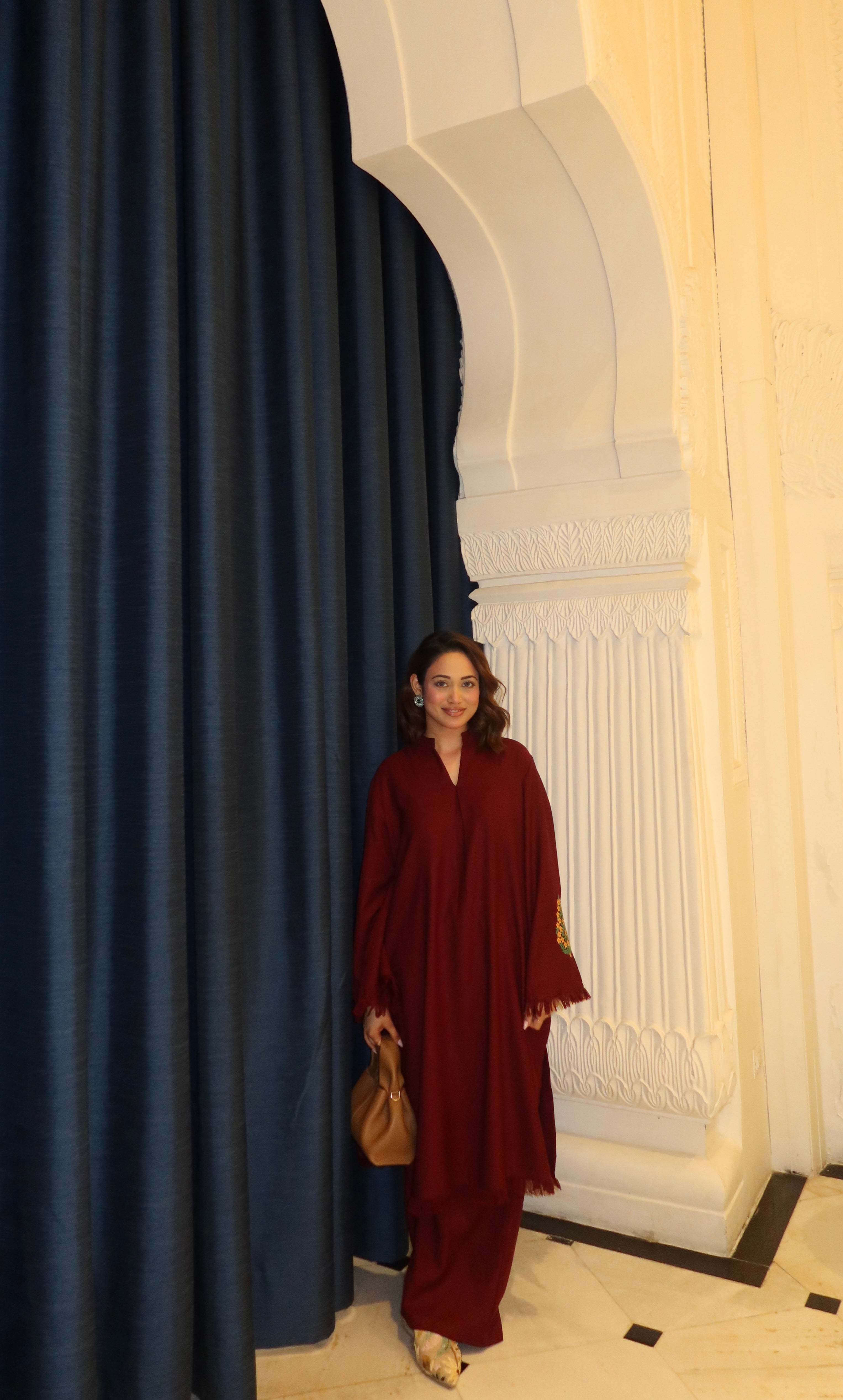 Deep Maroon Pashmina Blend Kurta With Wide Trouser